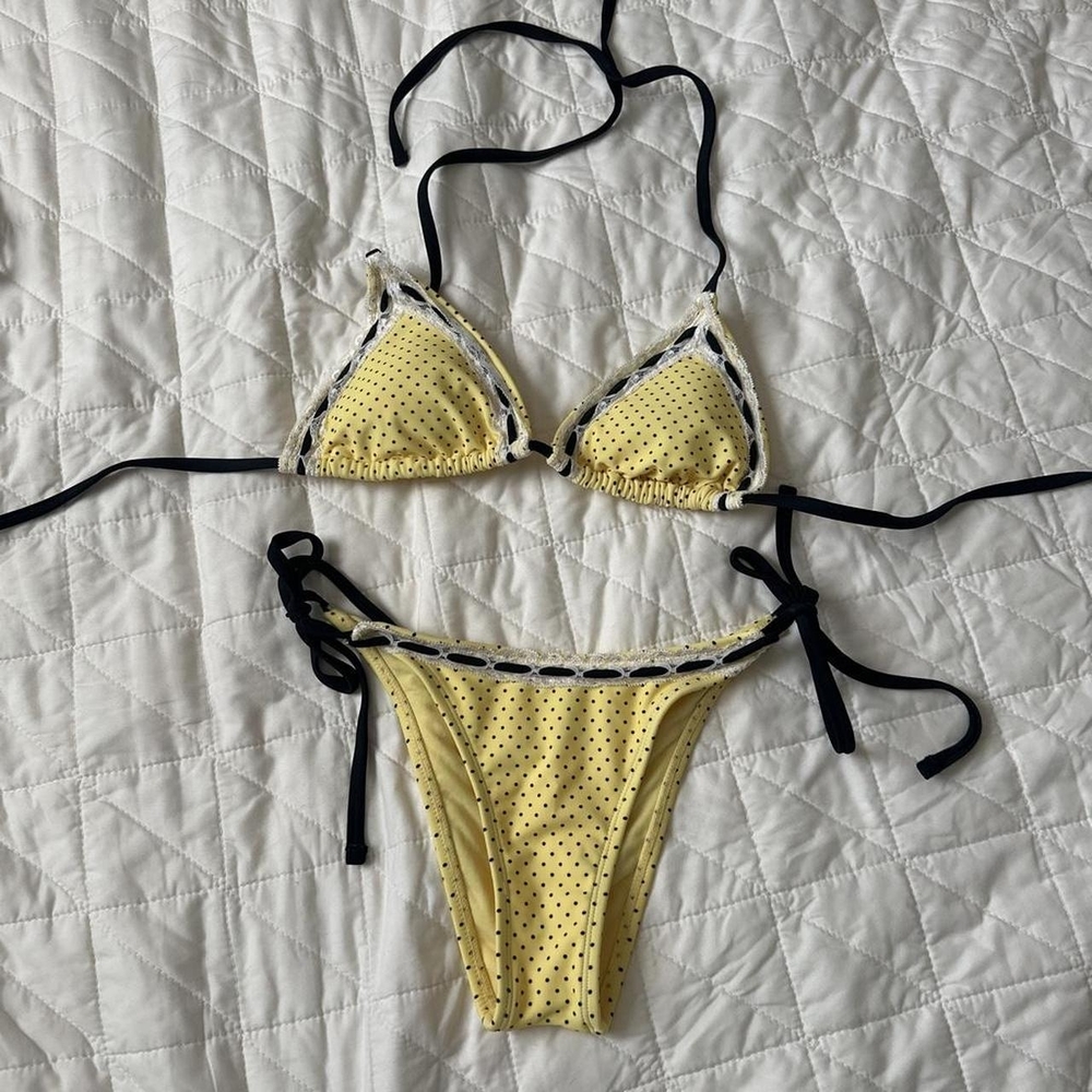 wild fable Yellow Polka Dot Tie-Side Bikini with Black Trim